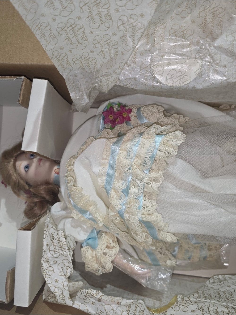 Porcelain Collector Doll in Cream & Light Blue Lace Dress